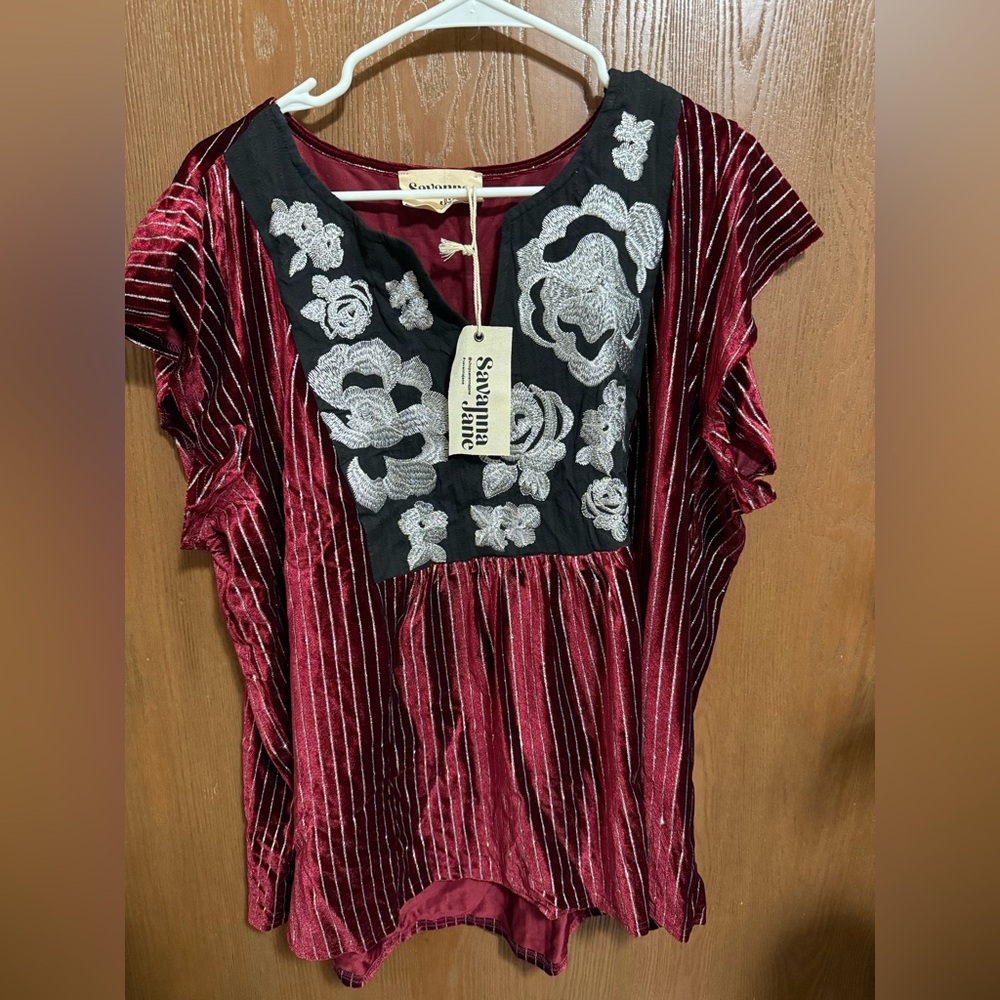 Savanna Jane Red Velvet Blouse with Silver Floral Embroidery